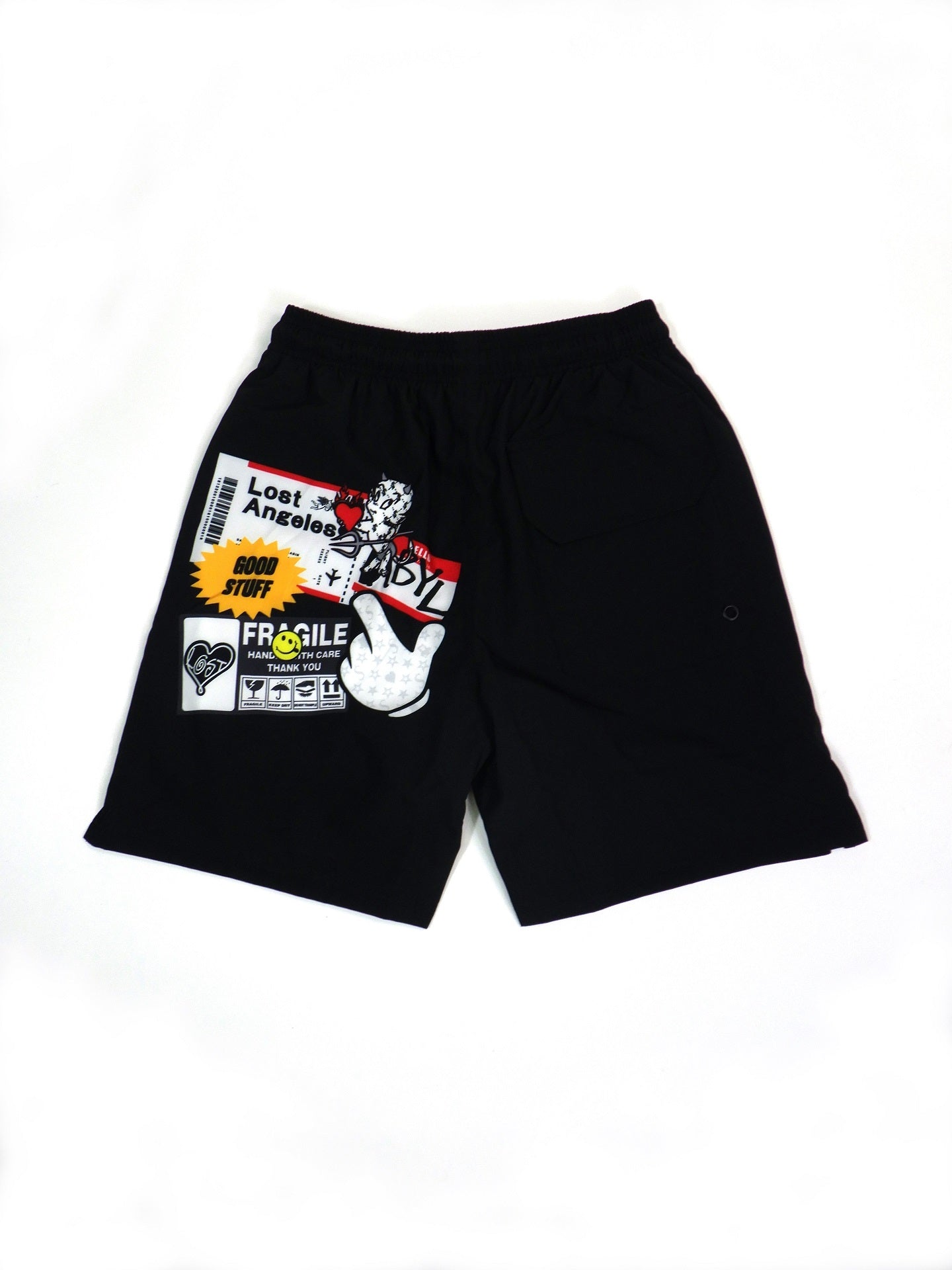 STUD MUFFIN　水陸両用ストレッチサテン ステッカーコラージュボードショーツ　514-06279-BK