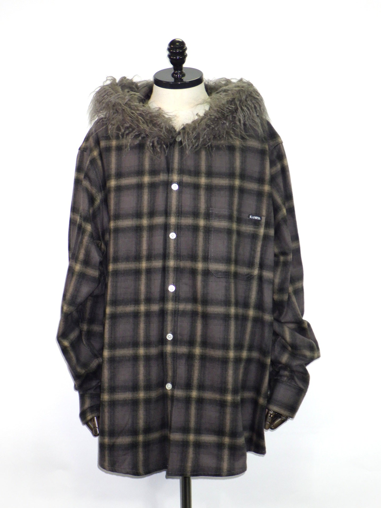 KAMIYA　Fur-Trimmed Hooded Check Shirt　 G17SH051-BR