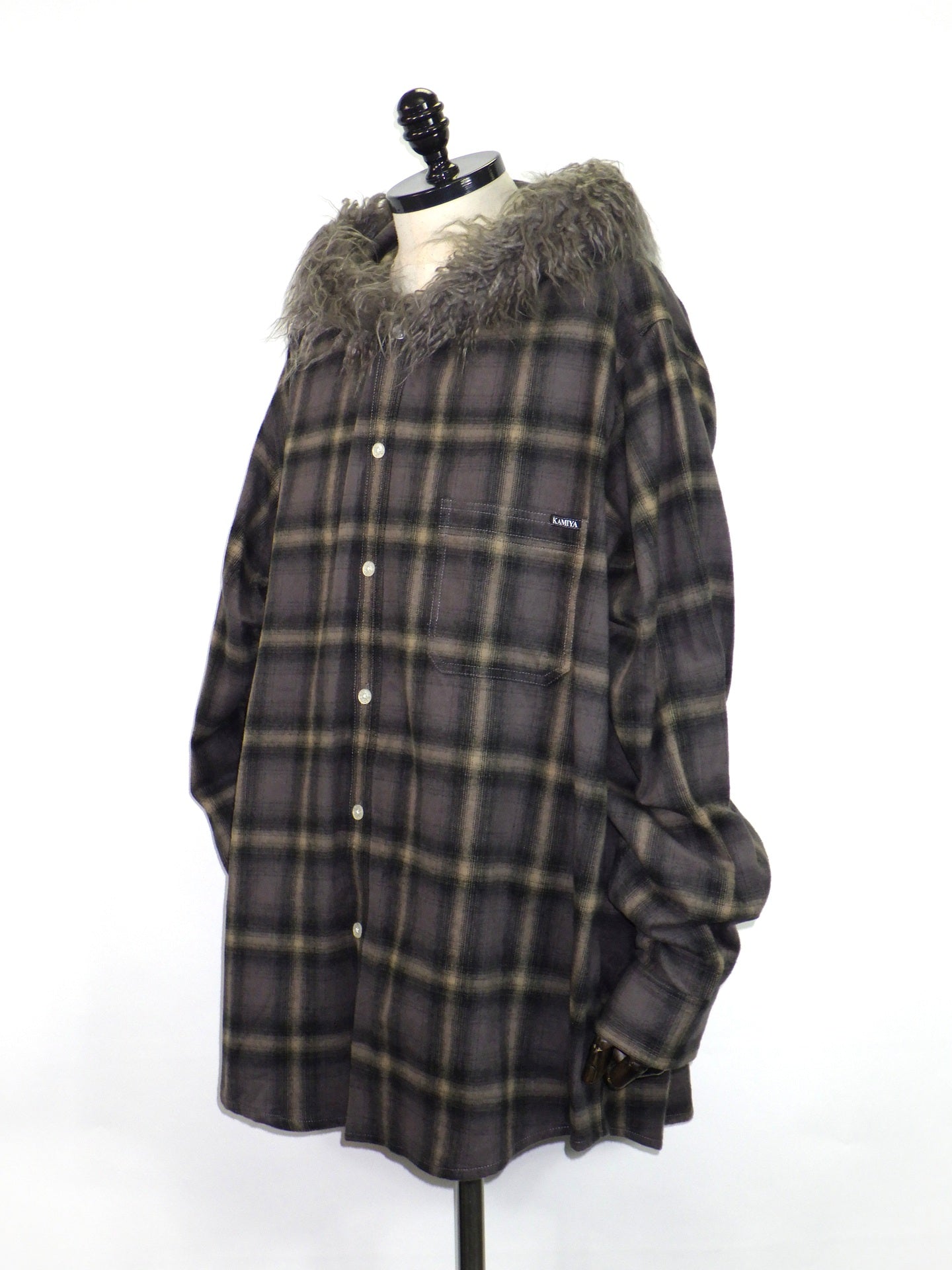 KAMIYA　Fur-Trimmed Hooded Check Shirt　 G17SH051-BR
