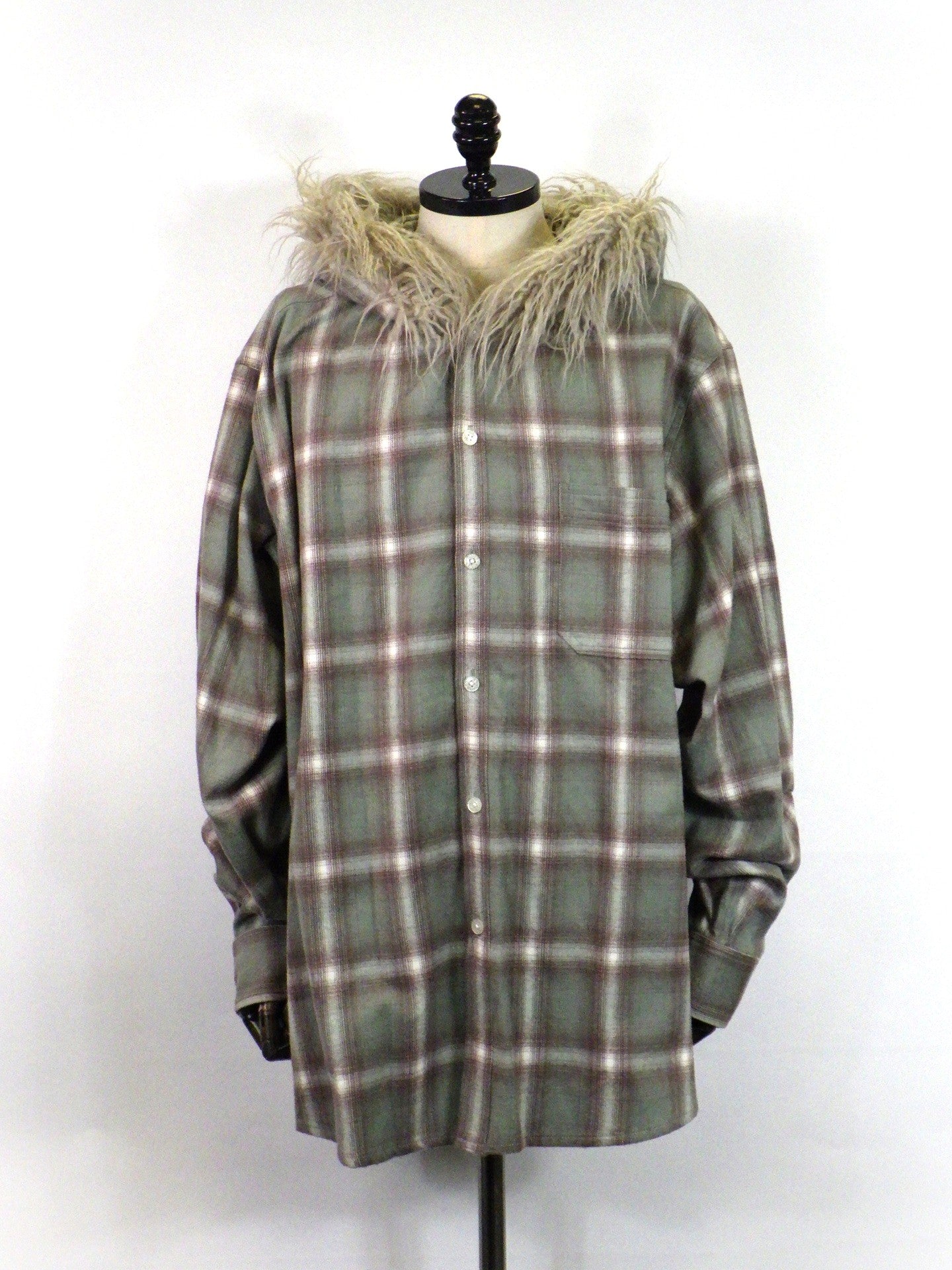 KAMIYA　Fur-Trimmed Hooded Check Shirt　 G17SH051-GR
