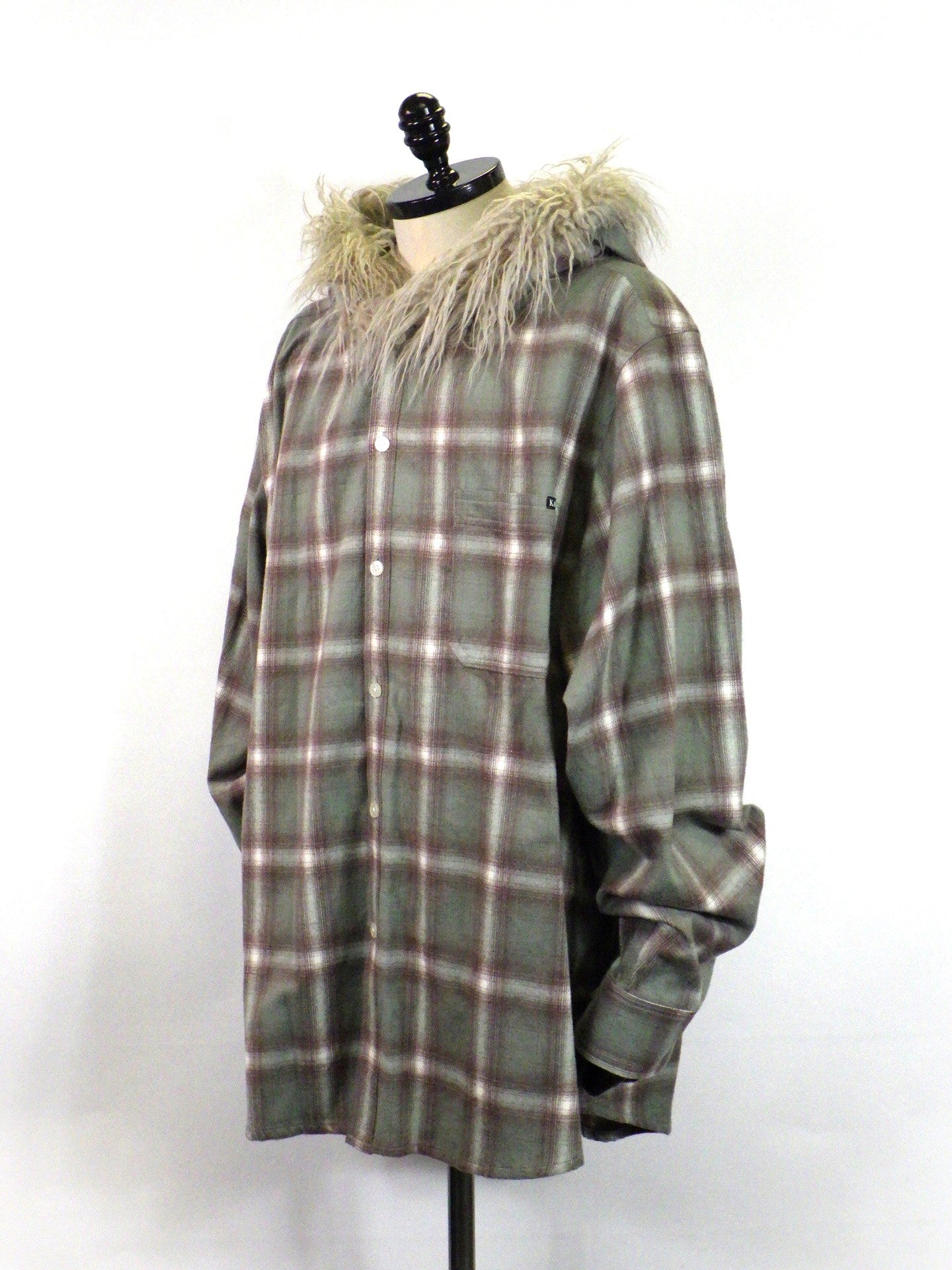 KAMIYA　Fur-Trimmed Hooded Check Shirt　 G17SH051-GR