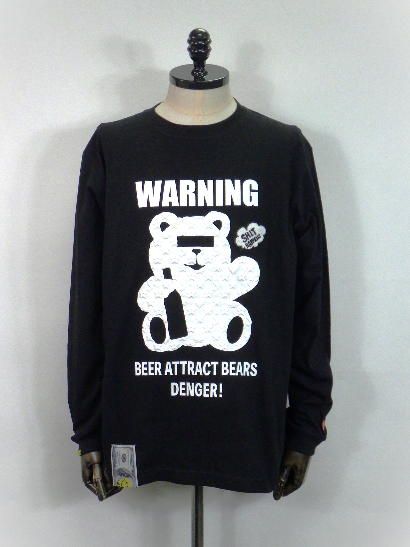 STUD MUFFIN　5.6ozコットン天竺 WARNING BEARフォームプリント LS Tシャツ　624-02905-BK