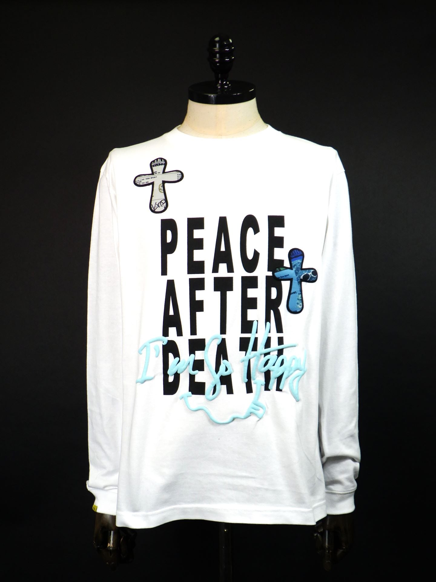 STUD MUFFIN　コットン天竺 PEACE AFTER DEATH&クロスパッチワーク LS Tシャツ　524-02820-WH