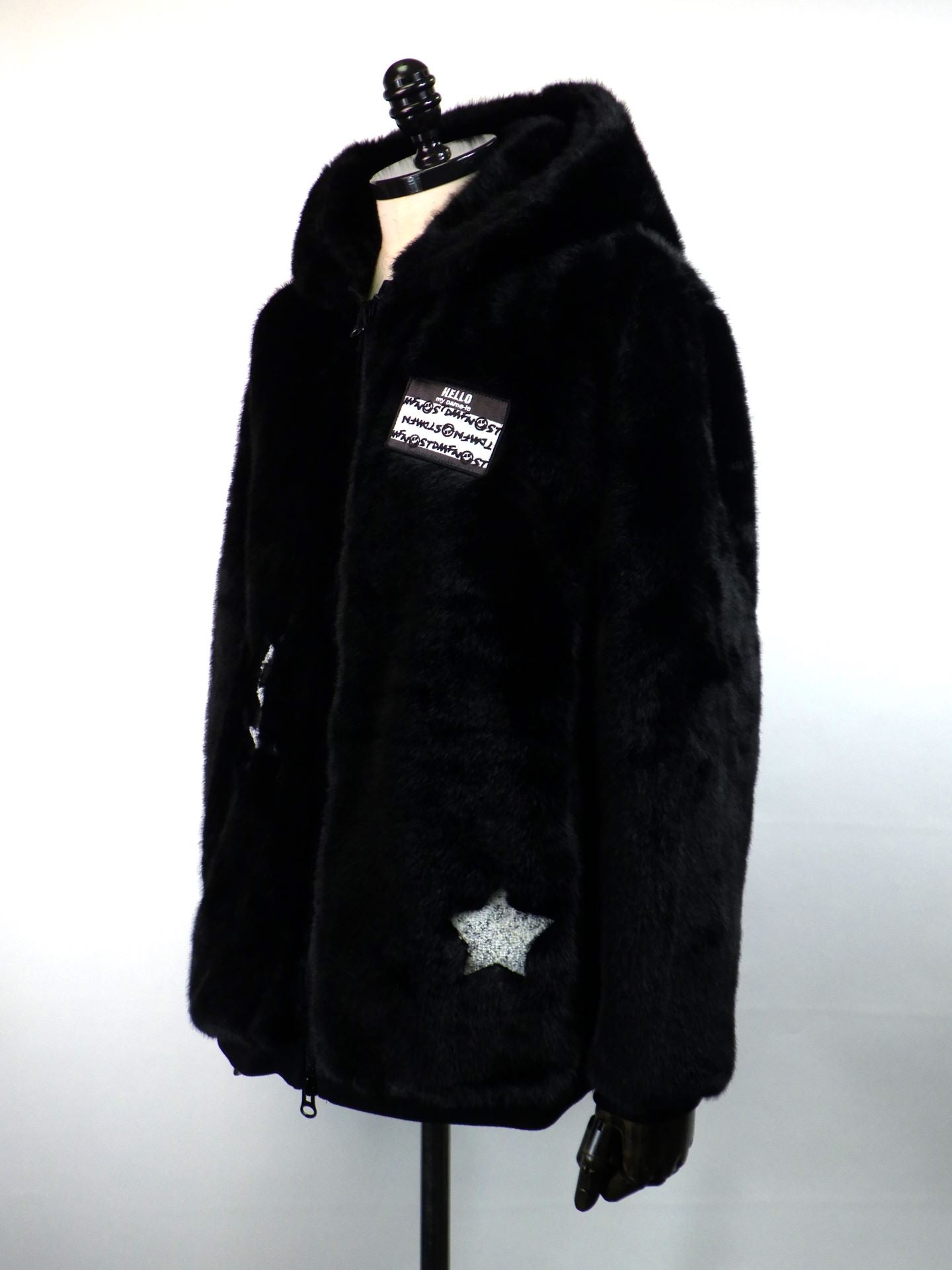 STUD MUFFIN　ECOファー マルチパッチワークビックジップワイドパーカー　524-02837-BK