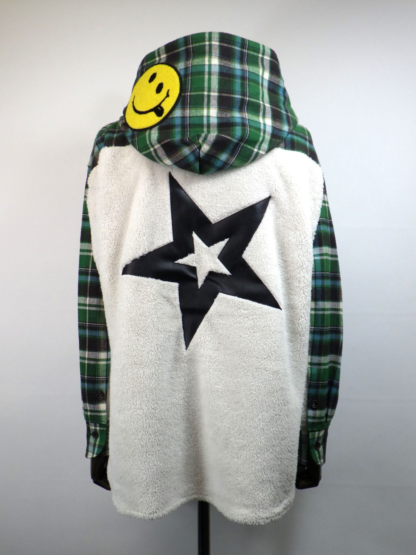 STUD MUFFIN　ヘビーネルチェック-ボア レザースター&サガラパッチワーク フーデッドシャツ　524-01147-O.WH×GR