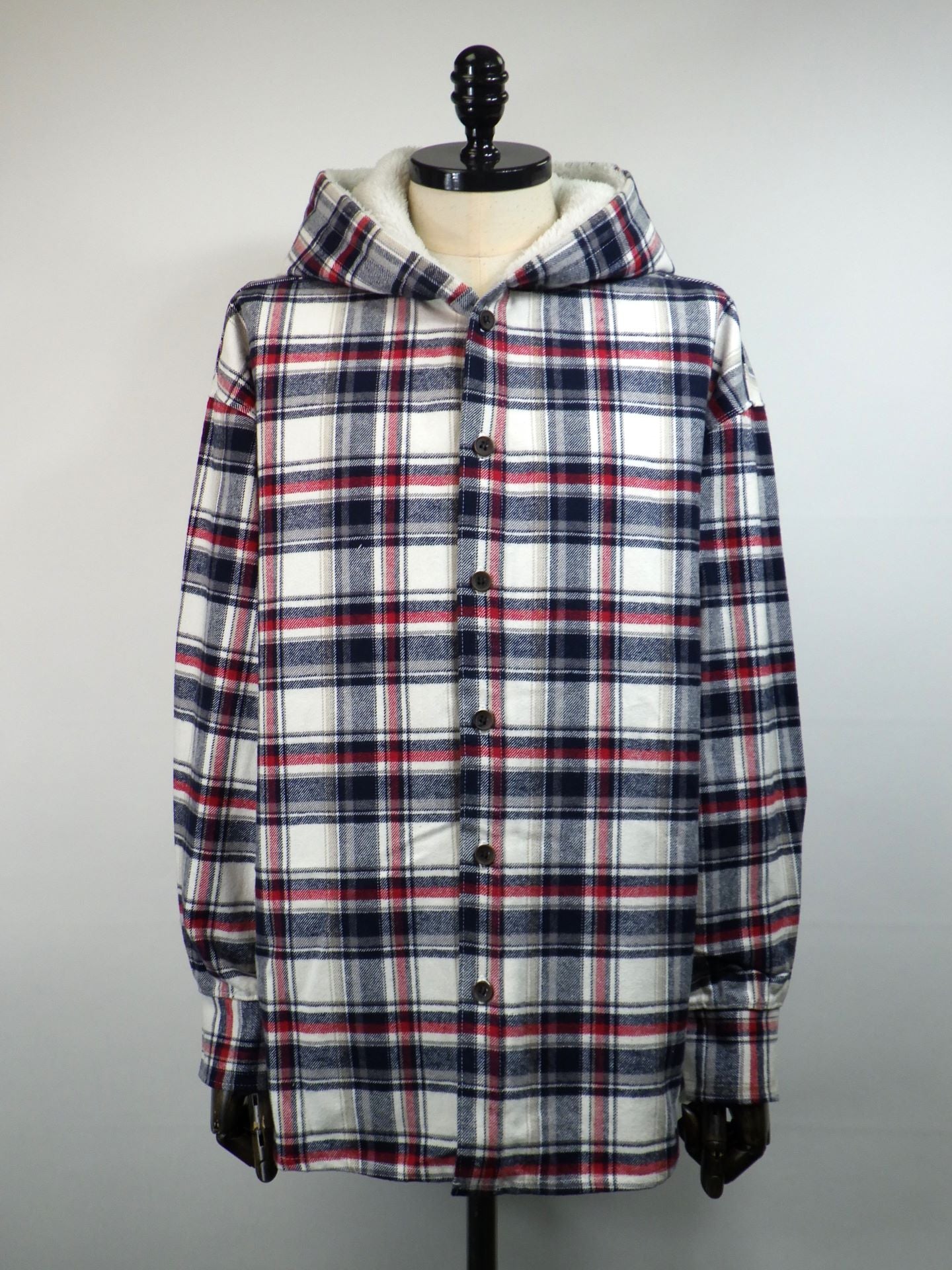 STUD MUFFIN　ヘビーネルチェック-ボア レザースター&サガラパッチワーク フーデッドシャツ　524-01147-O.WH×NAV