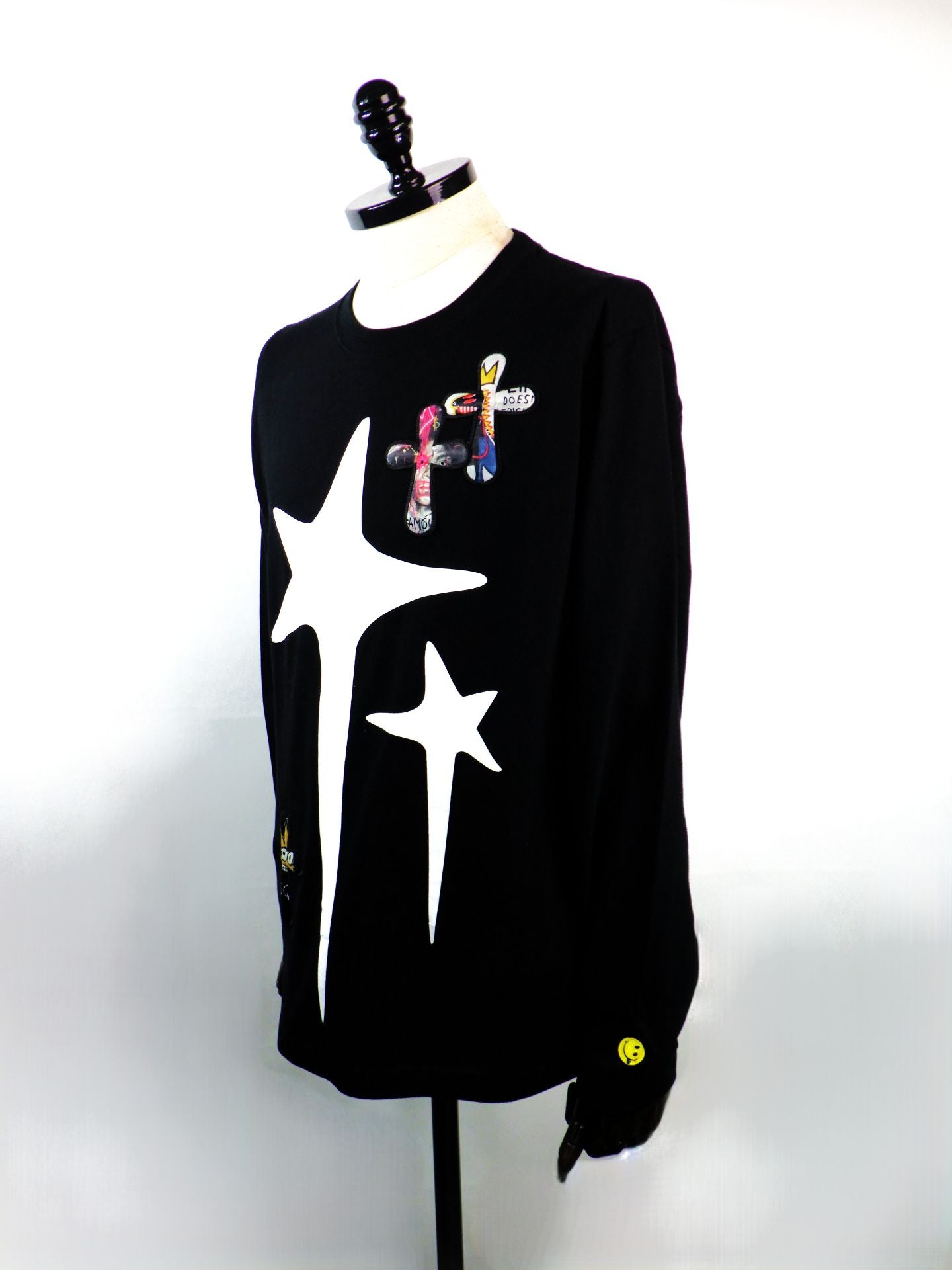 STUD MUFFIN　コットン天竺 ドリップスター&クロスパッチLSシャツ ロンTシャツ　614-02869-BK